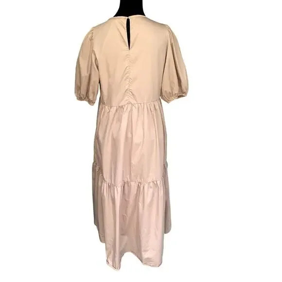 ZARA Cotton Puffed Sleeve Cotton Tiered Ruffle Blush Maxi Dress Size Medium - Picture 5 of 7